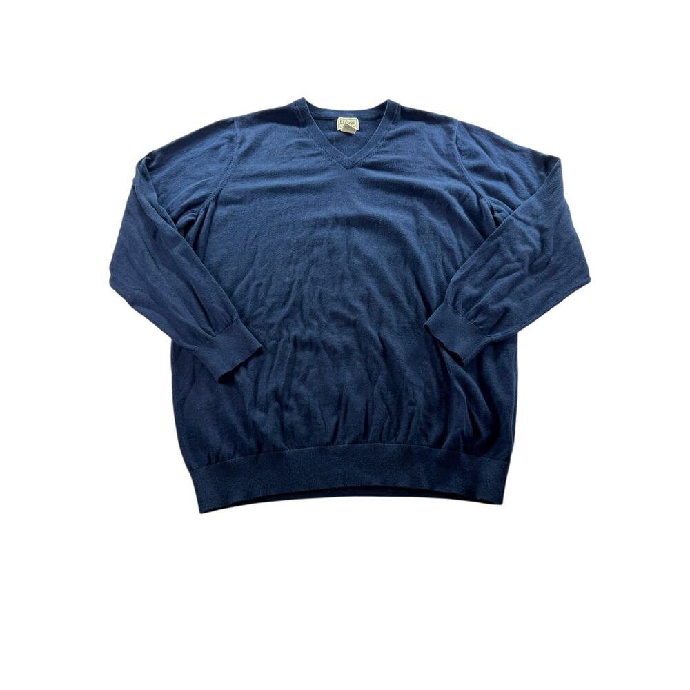 L.L. Bean Mens V-Neck Sweater XXL Tall Navy Blue Cotton Cashmere Pullover Vtg